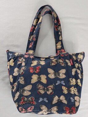 VTG Esprit Blue Butterfly AOP Canvas Top Zipper Tote Bag Purse 90s Y2k